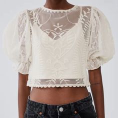 Genuine Zara New With Tag Color(S): Cream, Oyster White Embroidery Always Gives High End Look To Cropped Top. Love Puffy Sleeves, Lining Undershirt Attached Elegant Spring Embroidered Top With Geometric Embroidery, Elegant Summer Tops With Geometric Embroidery, Summer Lace Tops With Puff Sleeves, Fitted Feminine Embroidered Top, Chic Cream Tops With Floral Embroidery, Cream Tops With Floral Embroidery, Feminine Embroidered Cream Tops, Elegant Summer Top With Tonal Embroidery, Chic Embroidered Lace Top For Spring