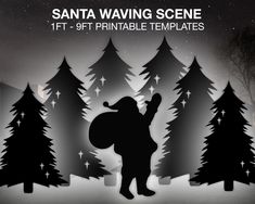 a black and white silhouette of santa in front of trees with the words santa waging scene