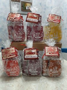 several packages of packaged food sitting on top of a table