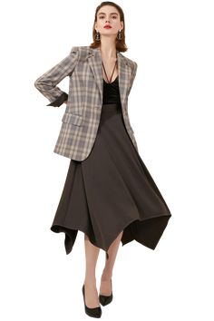 English style classic brown plaid blazer and skirt suit Peak lapels; front button blazer V-Neck, Long sleeves; button cuffs. Structured shoulders. Chest welt pockets. Hip flap pockets Polyester 100% Imported Brand - Aision Model Number - 213192 C1/S1 Brown Plaid Blazer, Blazer And Skirt, Classic Brown, English Style, Brown Plaid, Plaid Blazer, Plaid Design, Blazer Buttons, Style Classic