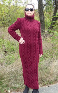 Hand-knitted Long Sleeve Dress For Fall, Hand Knitted Long Sleeve Dress For Fall, Fitted Long Sleeve Chunky Knit Dress, Cozy Long Fitted Dress, Long Chunky Knit Winter Dress, Winter Long Chunky Knit Dress, Hand Knitted Long Sleeve Sweater Dress For Fall, Cozy Long Knitted Dress, Long Chunky Knit Sweater Dress