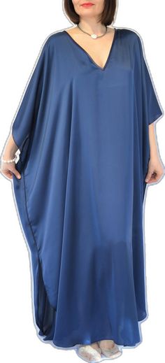 Blue Silk V-neck Kaftan, Elegant Blue Summer Abaya, Blue Silk Maxi-length Kaftan, Plus Size Cover Up, Long Kaftan, Caftan Dress, Blue Maxi, Pool Cover, Woman Beach