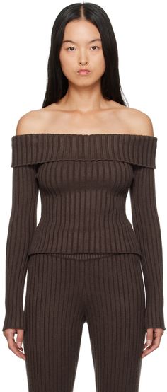 Rib-knit rayon- and nylon-blend sweater. · Off-the-shoulder construction · Foldover neck Supplier color: Chocolate Color Chocolate, Off Shoulder Sweater, Knitwear Women, Shoulder Sweater, Fashion Sense, Unique Fashion, Elegant Dresses, Clothing Store, Apparel Accessories