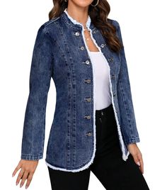 PRICES MAY VARY. Features: No Lined / Double Breasted Can't Be Buttoned / Slim Fit / Plus size Jean jacket/Raw Hem / Frayed Hem / Mid Length / Stand Collar / Long Sleeve / Denim Jacket/Short Trech coat Material: Our women's denim jacket overcoat is made of high-quality fabric, which is soft, cozy, skin-friendly and durable, providing you a very comfortable and impressive experience Style: Mid long denim jacket for women, stand collar mock neck long sleeve denim blazer, frayed fringe jean blazer, Denim Jean Design, Fall 2024 Jackets, Jeans Coat Outfit Jackets, Ladies Jacket Designs, Jeans Jackets For Women, La Roche Posay Retinol, Upcycle Jean Jacket, How To Become Wealthy, Denim Jackets For Women