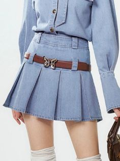 ❤︎Ribbon-neck denim shirt + pleated skirt❤︎ Bohol, Skirt Top, Denim Shirt, Denim Wash, Pleated Skirt, Skirt Set, Ribbon, Skirt