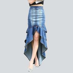 Trendy Fitted Flare Denim Skirt, Fitted Flare Denim Skirt, Fitted Medium Wash Denim Skirt With Asymmetrical Hem, Dark Wash Bottoms With Asymmetrical Hem For Summer, Fitted Denim Skirt With Asymmetrical Hem In Medium Wash, Fitted Mermaid Hem Skirt For Summer, Fitted Denim Blue Skirt With Asymmetrical Hem, Fitted Flare Denim Skirt For Summer, Denim Blue Fitted Skirt With Asymmetrical Hem