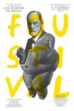 a poster with an image of a man in a suit and yellow letters on it