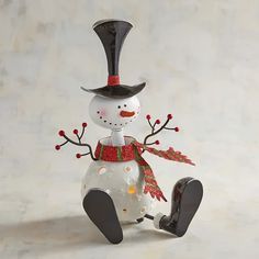 a snowman with a top hat and scarf on it's head sitting in front of a white background