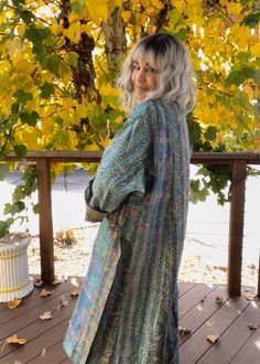 "New style! Same as my plus size jackets but a long version!  One of a kind reversible silk kantha opera length coat made from carefully curated vintage silk kantha shawls  This is a one of a kind designed by Lisa Finkelstein and the jacket in the photo is the exact jacket you will receive.  This is one size and will fit anyone from a size 6 up to size 2X.  Also, you can follow me on Instagram  Look for \" Finkelstein.Lisa\" on Instagram" Oversized Silk Bohemian Kimono, Long Sleeve Silk Robe For Festival, Fall Festival Robe With Kimono Sleeves, Oversized Bohemian Fall Robe, Long Bohemian Robe For Fall, Bohemian Long Kimono For Fall, Long Kimono For Fall Festival, Multicolor Long Robe For Fall, Long Sleeve Robe For Fall Festival