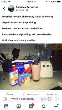 a blender sitting on top of a counter next to other food and drink items