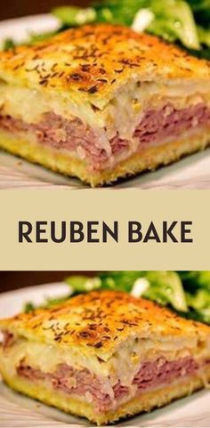 two different views of reuben bake on a plate