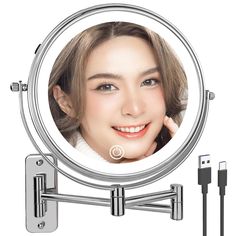 a woman's face is shown in the mirror with an extension cord to it