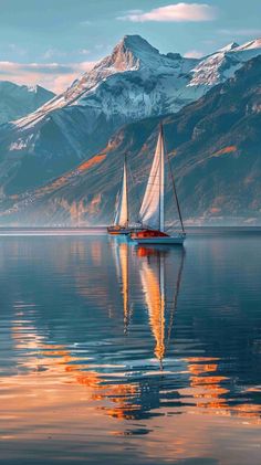 a sailboat floating on top of a body of water with mountains in the background