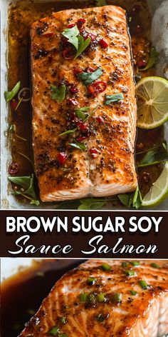 brown sugar soy salmon in a pan with lemons and herbs