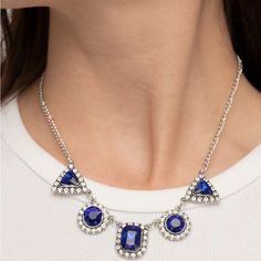 -Royal Blue & Silver Diamond Rhinestone Shapes Necklace -Fashion Jewelry -Medium Length Silver Chain W/ 2in Extender -Small Matching Earrings -Light Weight. -Nickel Free -Boutique New With Tags -Bundle 3+ Pieces For A 10% Discount! Offers Welcome Blue Party Necklace With Bling, Blue Rhinestone Necklace For Party, Red Pendant Necklace, Anthropologie Necklace, Emerald Style, Gold Link Necklace, Formal Jewelry, Beautiful Gold Necklaces, Rhinestone Statement Necklace