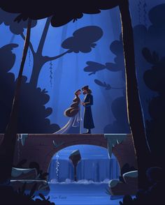 a man and woman standing on a bridge in the middle of a forest at night