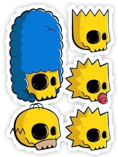 the simpsons character stickers are yellow with blue hair and skull head, one has black eyes