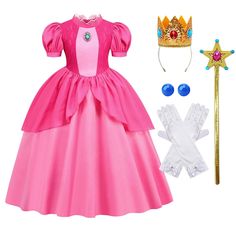 PRICES MAY VARY. The new Princess Peach dress is a perfect replica of the style of the protagonist in the popular movie. The princess peach costume it makes you feel immersive when you pull on. Peach Cosplay Costume Dress: Princess Dress*1+Gloves*2+Crown*1+Fairy Wand*1+Brooch*1+Earrings*2. Material: The princess peach costume is made of satin material, silky and shiny. The lining is made of cotton material, which is skin-friendly and comfortable. DESIGN: The neckline of princess peach dress is t Princess Peach Dress, Princess Peach Costume, Princess Peach Cosplay, Peach Cosplay, Addams Dress, Kid Birthday Outfits, Peach Costume, Pink Princess Dress, Costume For Girls