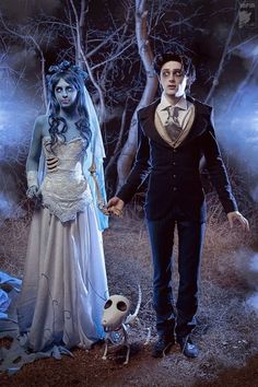 a couple dressed up as corpse bride and groom