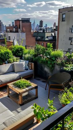 an outdoor patio with lots of plants and couches on top of the roof terrace