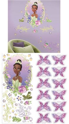 the disney princess and the frog wall decals are shown in purple, with butterflies on them