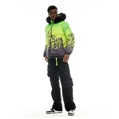 Puffer Jacket With Fur Hood In Neon Yellow Elevate your outerwear game and stay warm in our latest puffer jacket. Crafted from premium quality nylon, this puffer features a plush fur-lined hood that adds an extra layer of insulation while exuding a touch of luxury. With a vibrant green gradient body and graffiti detailing, this jacket is the perfect blend of fashion and function that will keep you on-trend and protected against the elements this winter.- Nylon- Fur-lined hood - 2 zipper pockets Multicolor Hooded Puffer Jacket, Streetwear Duck Down Puffer Jacket With Double-lined Hood, Green Hooded Puffer Jacket With Double-lined Hood, Luxury Hooded Puffer Jacket With Faux Fur Trim, Green Long Sleeve Puffer Jacket With Double-lined Hood, Puffer Jacket With Fur, Fur Hood Jacket, Fur Hood, Neon Yellow