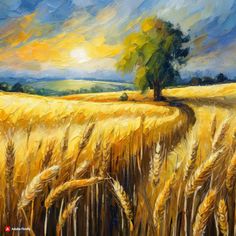 a painting of a wheat field with a tree in the distance