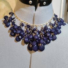 Dark Blue On Goldtone Chain. Blue Dangle Necklaces For Party, Blue Choker Jewelry For Party, Blue Drop Necklaces For Party, Blue Dangling Beads Jewelry For Party, Blue Dangle Jewelry With Adjustable Chain, Blue Teardrop Necklace For Party, Blue Necklace With Lobster Clasp For Party, Blue Party Choker Jewelry, Deep Blue Necklace