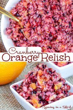 cranberry orange relish in a white bowl next to an orange