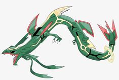 a green and yellow dragon with red accents on it's body, sitting in the air