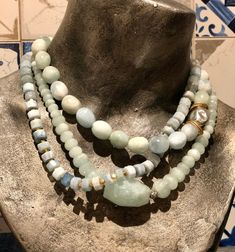 "This is a stunning trio of statement necklaces. Pale green jade gemstones necklace, worn together with egg shaped milky aquamarine stones and sliced milky aquamarine stones. All these create a stunning combination and a bohemian look. This necklaces can be worn together or separately and will work for everyday or with an evening dress. Each necklace can be purchased separately for $240 usd. Dimensions: length - 17\" - 19\" (including clasp) extender- can be added by request *If, for any reason, Elegant Round Amazonite Necklace, Turquoise Aquamarine Necklace With Natural Stones, Turquoise Aquamarine Natural Stones Necklace, Elegant Chalcedony Gemstone Bead Necklaces, Amazonite Gemstone Necklaces For Jewelry Making, Elegant Amazonite Bead Necklaces, Amazonite Necklace With Natural Stones, Elegant Amazonite Beaded Necklace, Turquoise Aquamarine Gemstone Beads Necklace