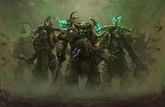 several warhammers are standing in the middle of a foggy area with green light coming from their heads