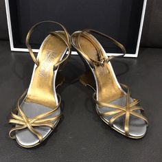 Brand New Excellent Condition No Box Luxury Gold Heels In Metallic Leather, Luxury Silver Low Heel Sandals, Formal Open Toe Metallic Leather Sandals, Gold Metallic Leather Heels For Evening, Formal Metallic Leather Heels With Heel Strap, Evening Metallic Leather Sandals, Elegant Closed Toe Metallic Sandals, Silver Heel Strap Wedding Shoes For Evening, Elegant Metallic Heels In Metallic Leather