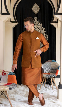 kurta pajama with waistcoat Brown Kurta For Eid, Formal Brown Kurta For Eid, Brown Designer Wear Sets For Diwali, Formal Long Sleeve Brown Kurta, Brown Fitted Nehru Jacket For Winter, Elegant Brown Designer Wear Sets, Brown Formal Sets For Festive Occasions, Formal Brown Sets For Festive Season, Formal Brown Festive Sets