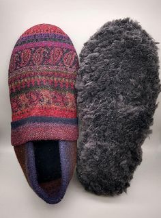 Men's size 11,5. These slippers have a beautiful design on the top, they are made from felted wool sweaters and the soles are shearling with the fur facing the foot. So warm, soft and cozy, you won't want to take them off! Perfect present for someone you love, or you can just treat yourself. Felted Wool Slippers, Wool Slippers, Felted Wool, Mens Slippers, Wool Sweaters, Wool Felt, Beautiful Design, Shoes Mens, Men's Shoes