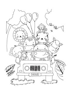 a coloring page with animals in the back of a car and balloons floating above it