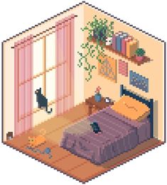 a cross stitch pattern of a bedroom with a bed, window and cat on the floor