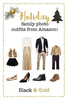 the holiday family photo outfits from amazon black & gold is featured in this postcard