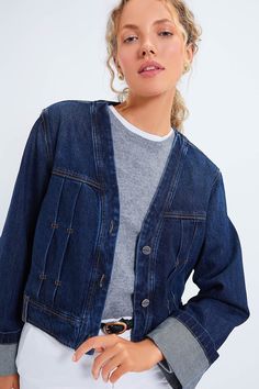 Dark Wash Dusty Jacket Workwear Denim Jacket With Lapel Collar, Elegant Long Sleeve Denim Jacket For Work, Elegant Fall Denim Jacket For Workwear, Contrast Topstitching, Contrast Top, Classic Denim Jacket, Cocktail Attire, Shank Button, White Pants