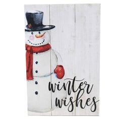 Rectangle Christmas Plaque With A Cream Horizontal Planked Background With A Snowman To The Side Wearing Red Mittens And Scarf, Black Buttons And Black Top Hat. . By The Snowman In The Lower Corner "Winter Wishes" Is Written In Black.. 16 In H X 10.5 In W X 0.75 In D. Purchase includes One Plaque. Christmas Plaques, Red Mittens, Snowman Sign, Wood Snowman, Winter Wishes, Holiday Box, Bead Frame, Snowman Faces, Snowman Painting