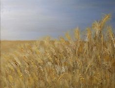 an oil painting of wheat field with blue sky in the background