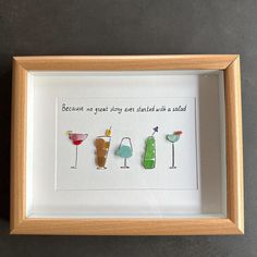 three framed pictures with different types of drinks on them