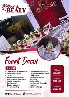 a flyer for a wedding event with white and red flowers on the table, surrounded by chairs