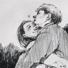 a black and white drawing of a man kissing a woman's head with trees in the background