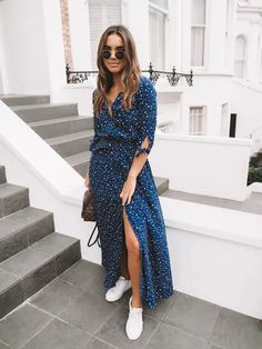 Dove Dress In Navy Star - Wrap Maxi Dress | SilkFred US Smart Casual Women Dress, Rose Print Skirt, Short Girl Fashion, Smart Casual Women Outfits, Smart Casual Women, In The Navy, Casual Day Dresses, Wrap Maxi Dress, Elegant Outfits