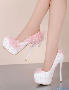 OrcaJump - Womens Pearl Satin Flower Lace Platform Round Toe Vintage Shoes Sexy Romanesque Wedding Heels for Party & Evening PU Mocc Fitted Wedding Shoes For Spring Banquet, Spring Wedding Shoes For Banquet, Pink High Heel Wedding Shoes, White Wedding Shoes For Spring Banquet, White Spring Wedding Shoes, Pink Closed Toe Heels For Prom, Pink Closed Toe Wedding Shoes For Party, Spring Wedding Shoes For Banquet With Closed Toe, Spring Banquet Wedding Shoes With Closed Toe