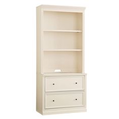 a white bookcase with two drawers in it