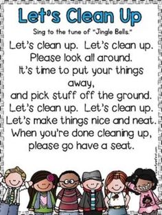 a poster with the words let's clean up and some kids standing in front of it