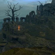 a screenshot of an old castle with flames in the foreground and trees on the other side