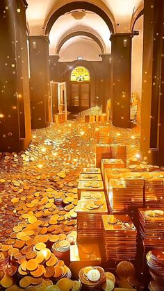 a large room filled with lots of gold plates